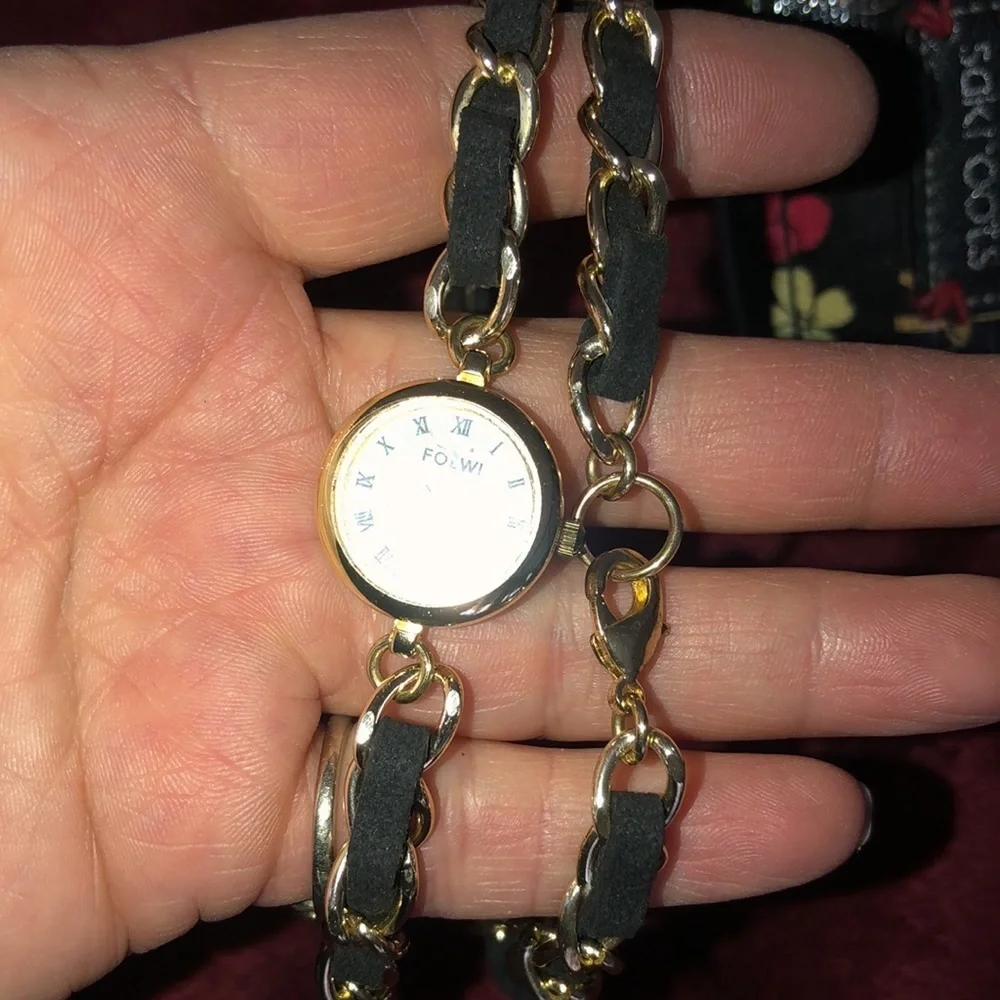 Quartz Black chain Wrap Watch gold and suede w/ lobster clasp